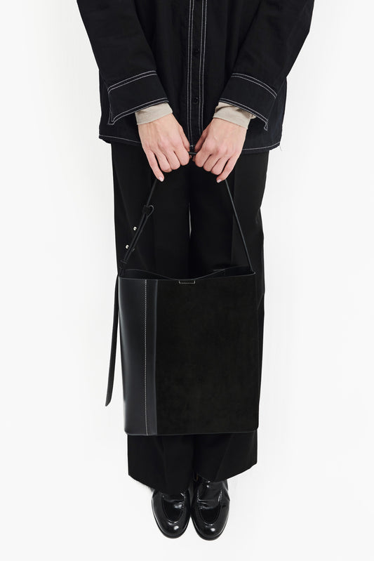 THE LARGE TOTE PLISSÉ BLACK SUEDE AND LEATHER