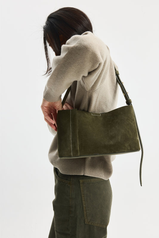THE SMALL TOTE PLISSÉ KHAKI SUEDE