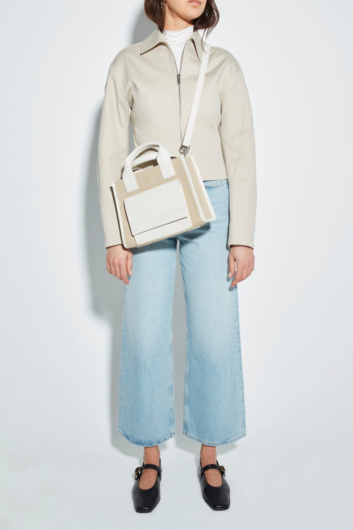 STITCHED POCKET MINI TOTE IN BEIGE/OFF-WHITE