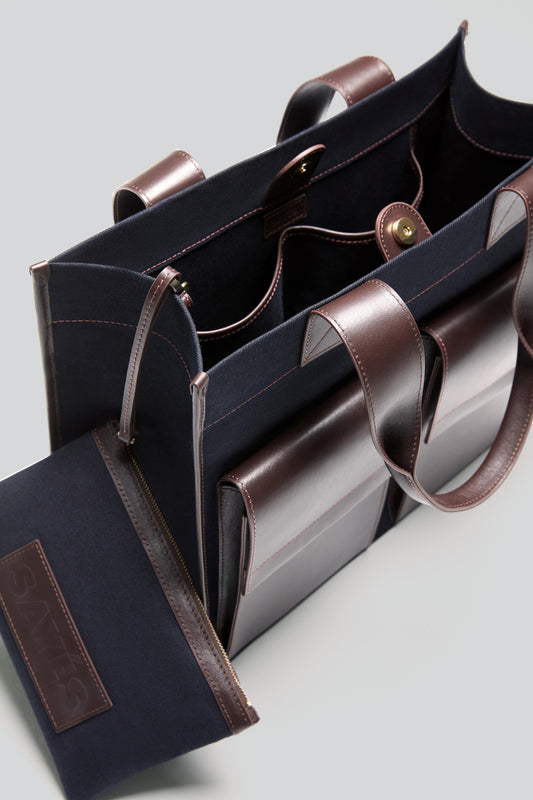 STITCHED POCKET MAXI TOTE NAVY CANVAS AND BROWN LEATHER