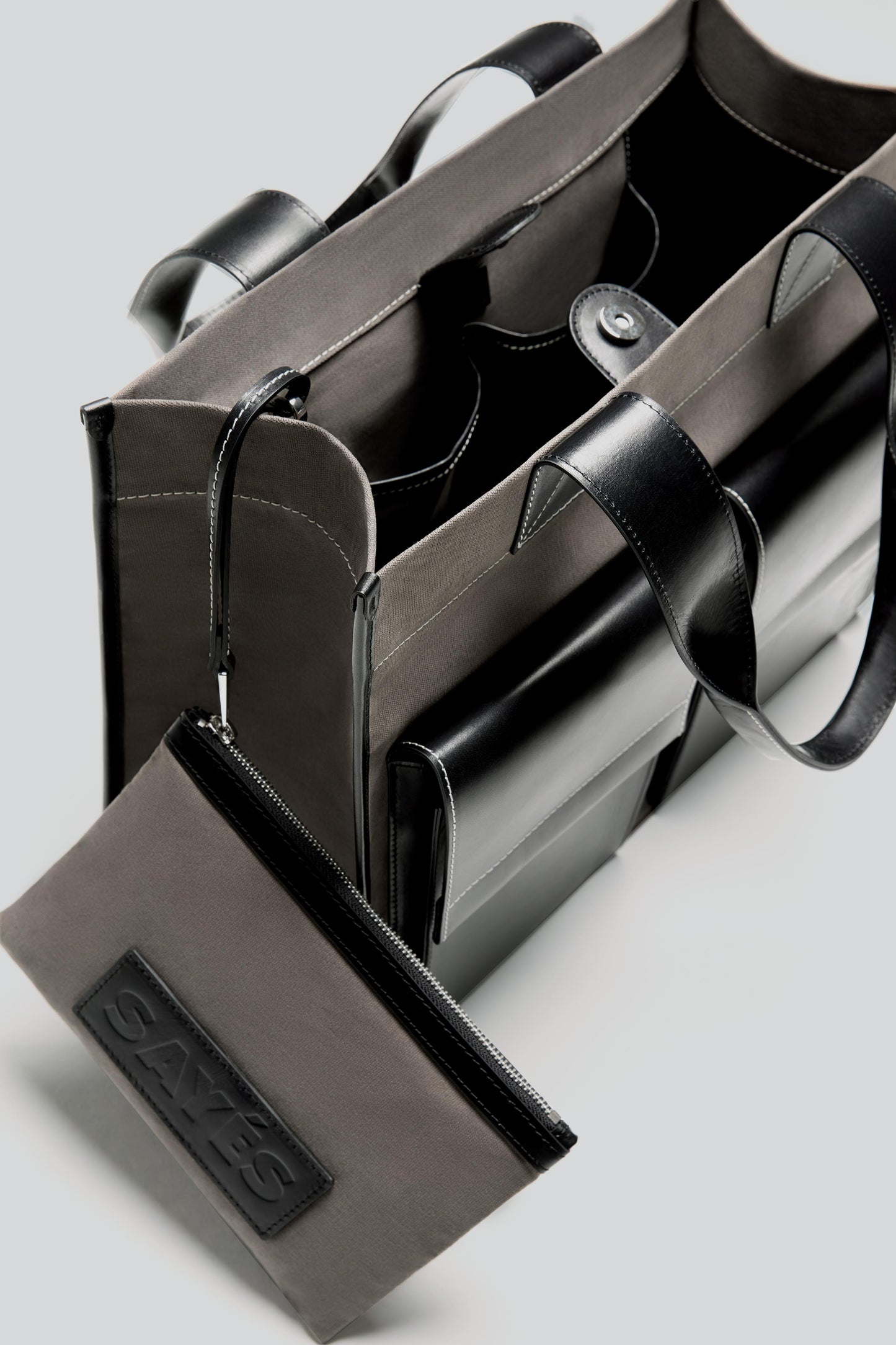 STITCHED POCKET MAXI TOTE IN MINK AND BLACK