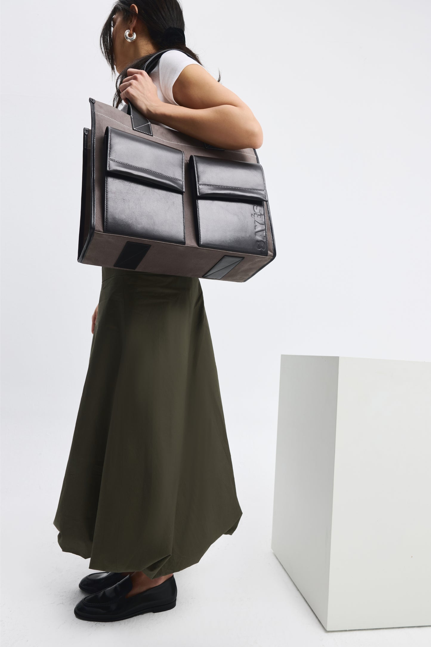 STITCHED POCKET MAXI TOTE VİZON/SİYAH