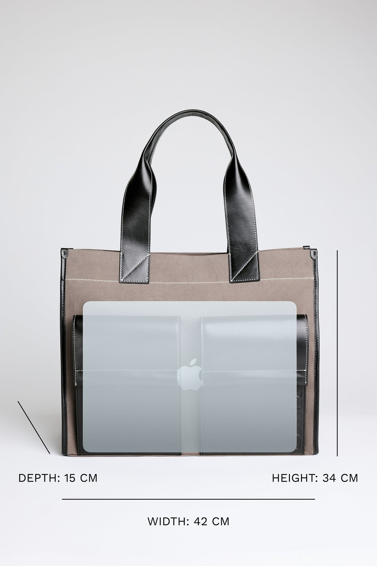 STITCHED POCKET MAXI TOTE MINK CANVAS AND BLACK LEATHER