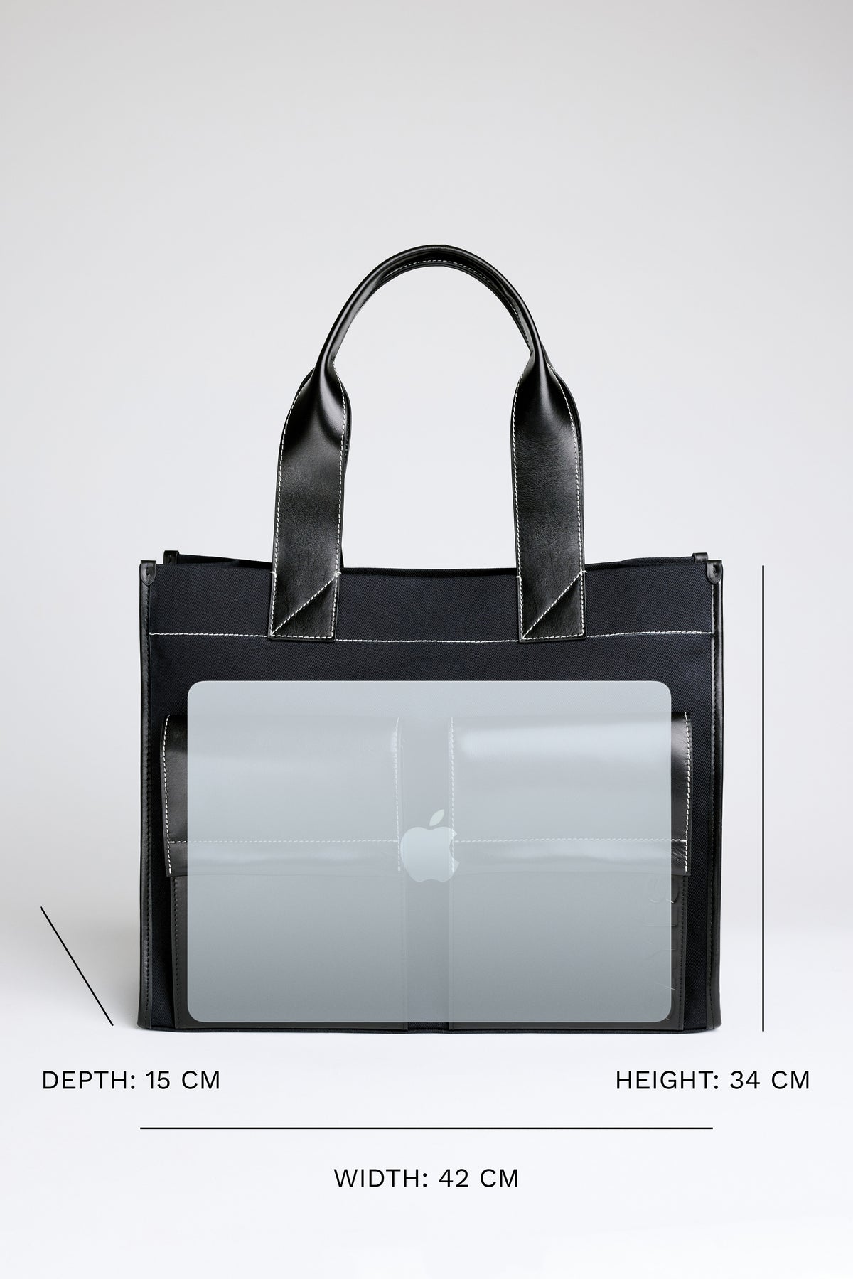 STITCHED POCKET MAXI TOTE NAVY CANVAS AND BLACK LEATHER