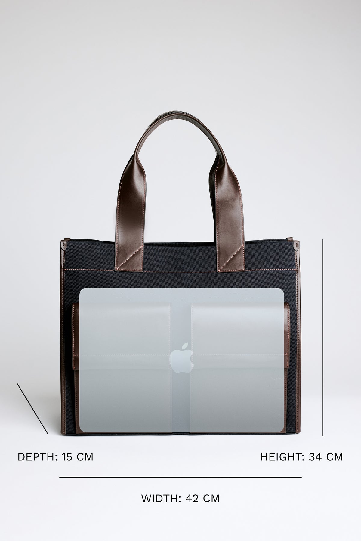 STITCHED POCKET MAXI TOTE NAVY CANVAS AND BROWN LEATHER