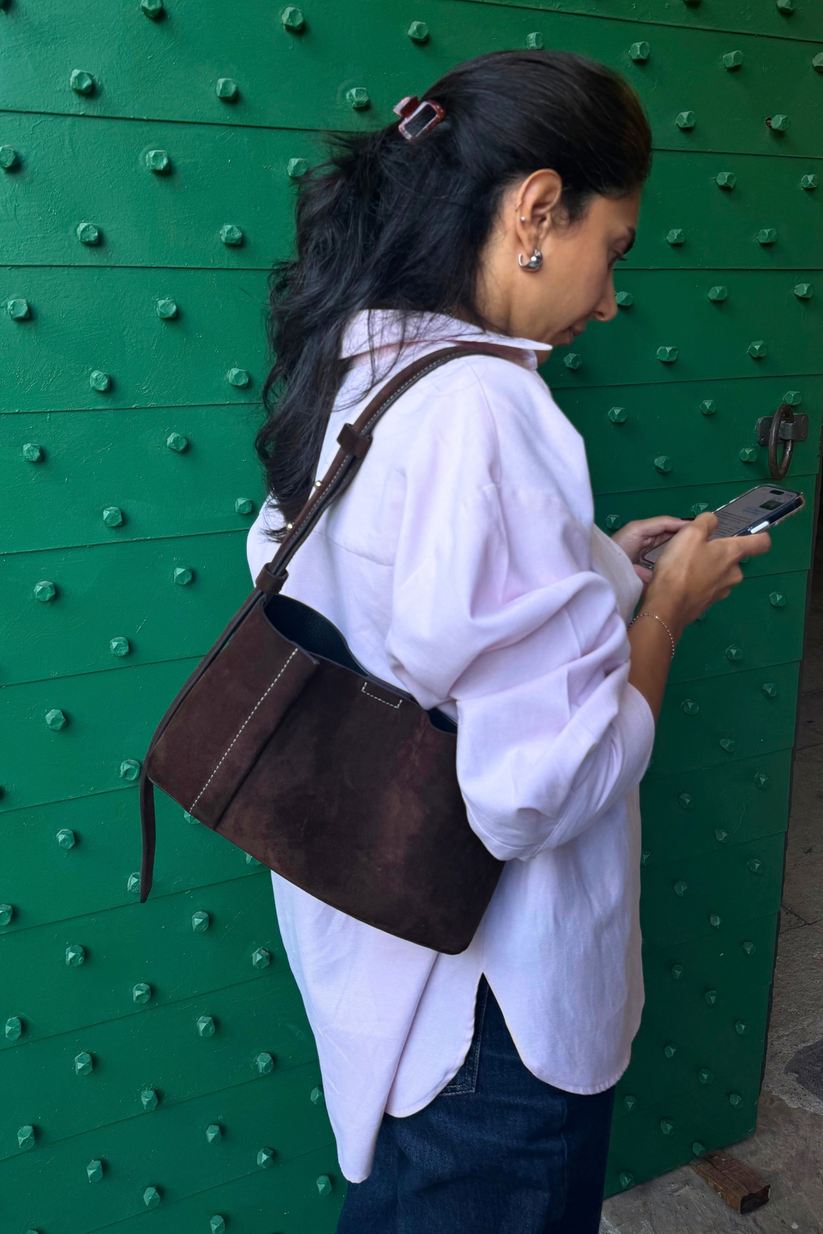 THE SMALL TOTE PLISSÉ BROWN SUEDE