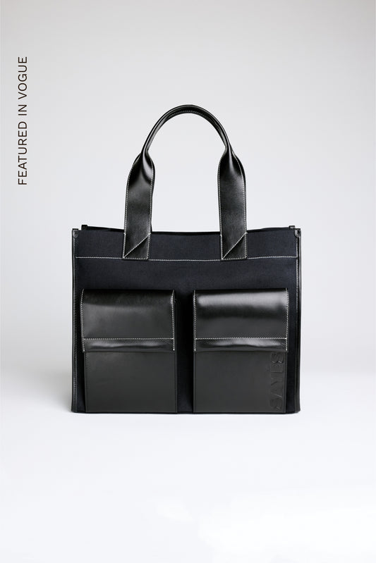 STITCHED POCKET MAXI TOTE NAVY CANVAS AND BLACK LEATHER